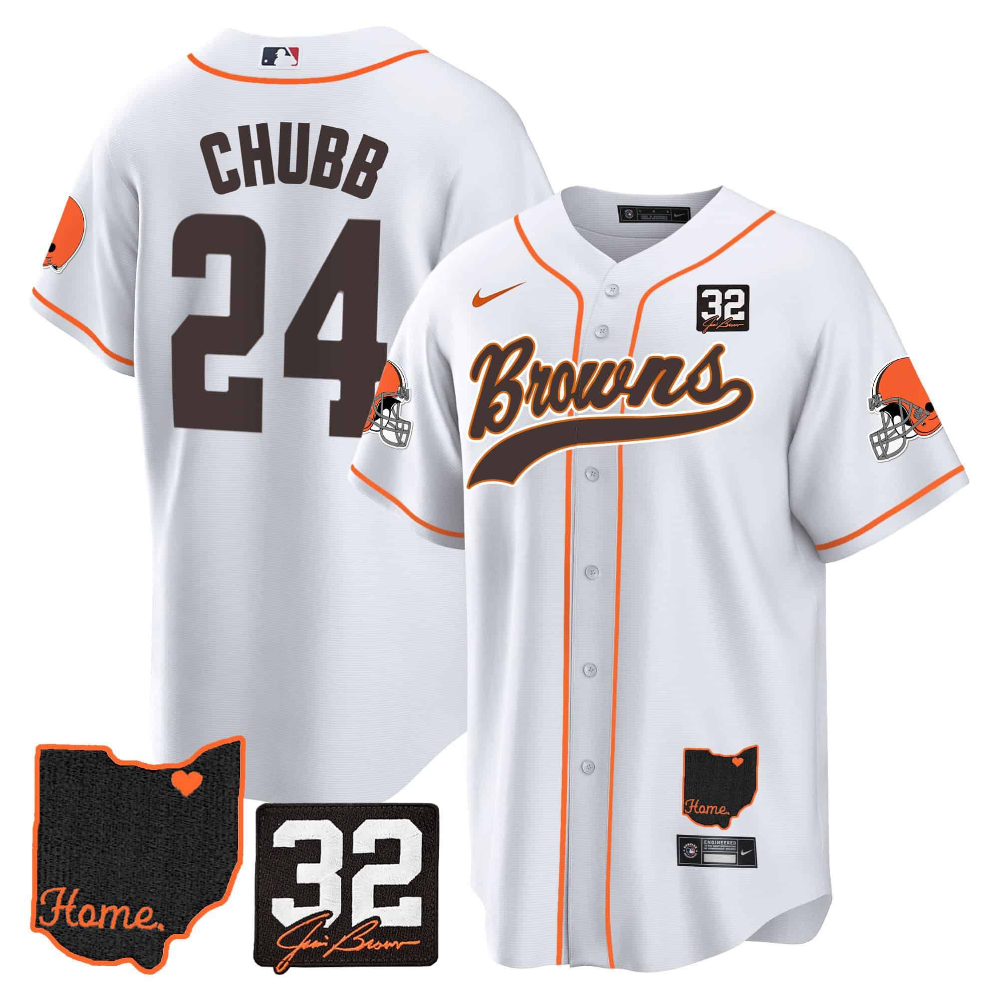 Men Cleveland Browns #24 Chubb White Memorial Home Patch Baseball 2024 Nike NFL Jersey